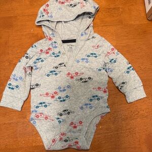 Gray Hooded long sleeve Baby Onesie with Car Print 6m